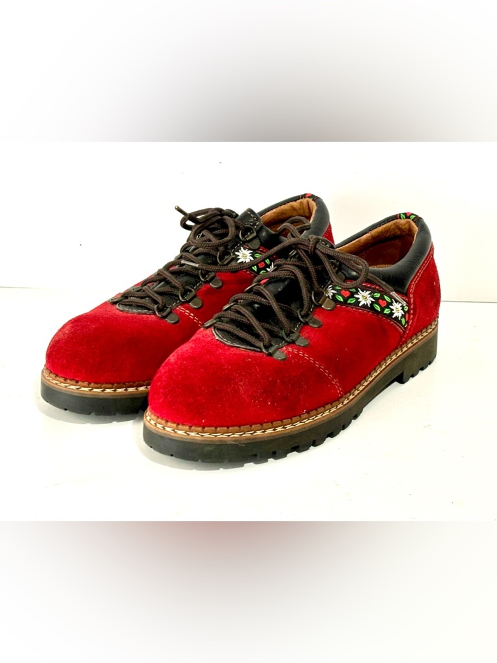 Vintage Hiking Boots  - Josef Seibel - Cherry Red Suede w Leather & Folk Trim - Picture 2 of 10